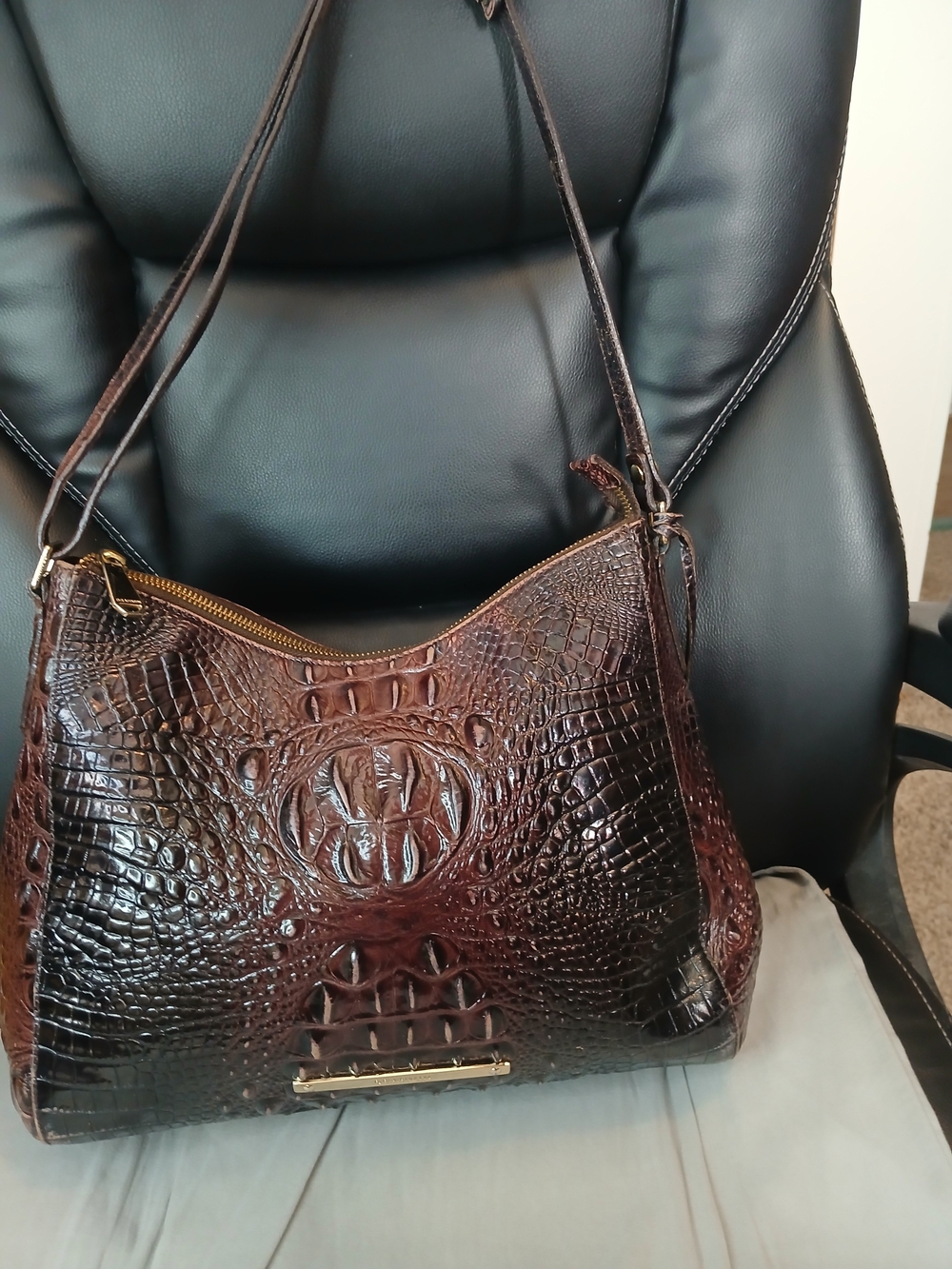 Brahmin Brown & Black Croc-Embossed Leather Shoulder Bag